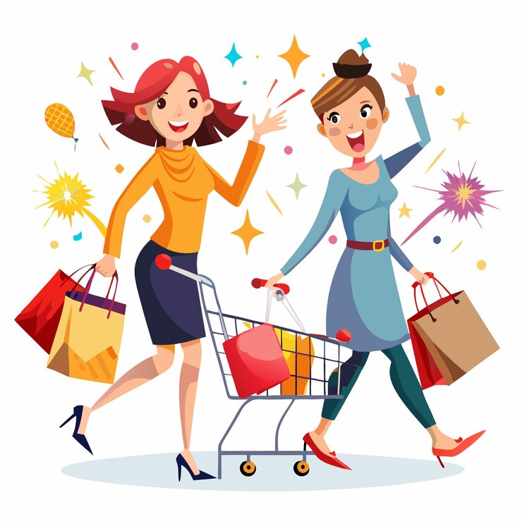 Vector dos mujeres felices con bolsas de compras y un carrito de compras lleno de compras