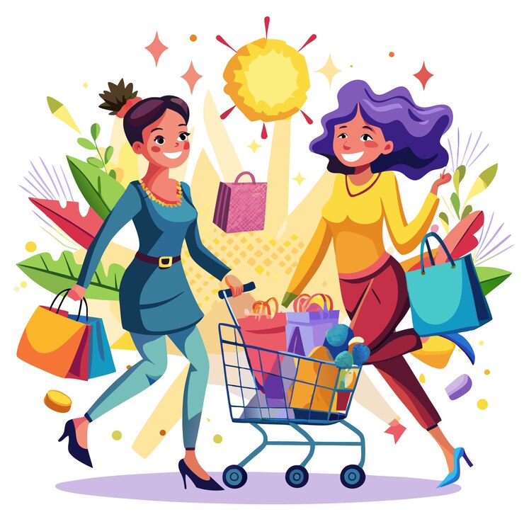 Vector dos mujeres felices con bolsas de compras y un carrito de compras