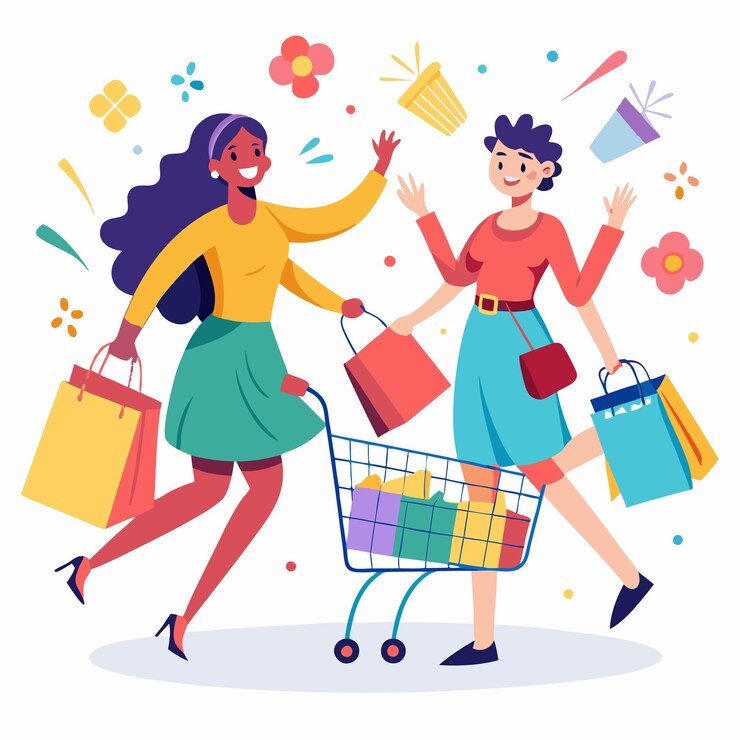 Vector dos mujeres felices con bolsas de compras y un carrito de compras
