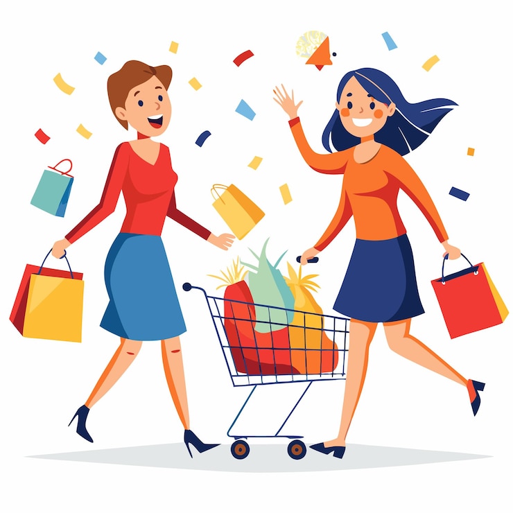 Vector dos mujeres felices con bolsas de compras y un carrito lleno de comestibles celebrando un exitoso viaje de compras