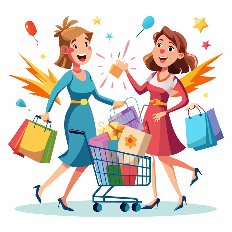 Vector dos mujeres felices con bolsas de compras y un carrito lleno de compras celebrando su exitoso día de compras