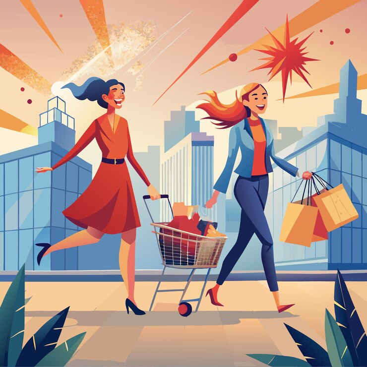 Vector dos mujeres felices con bolsas de compras y un carro lleno de compras caminando por la calle en la ciudad