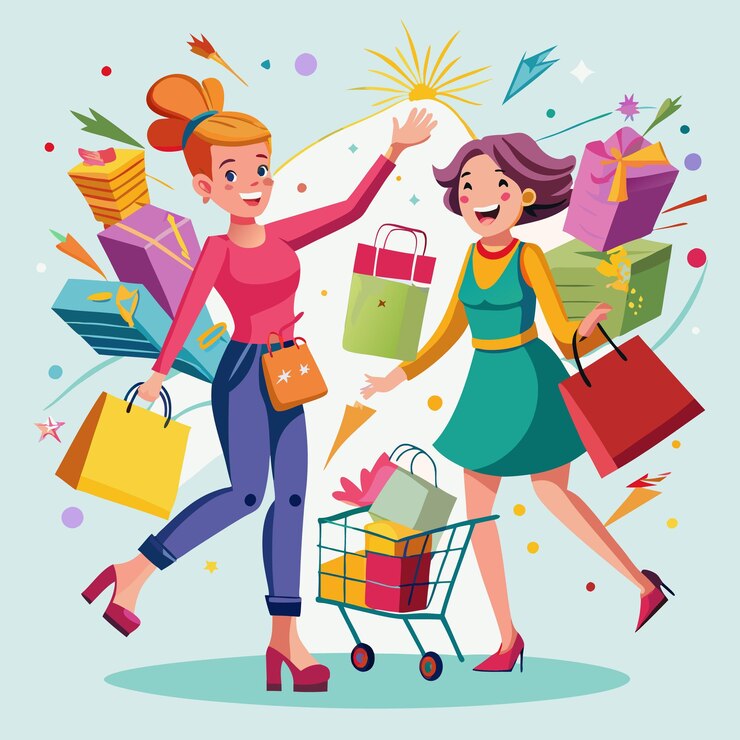 Vector dos mujeres felices con bolsas de compras regalos y un carrito de compras lleno de compras celebrando una exitosa fiesta de compras