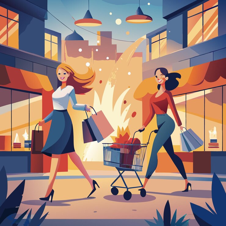 Vector dos mujeres felices caminando con bolsas de compras y un carrito de compras en la ciudad