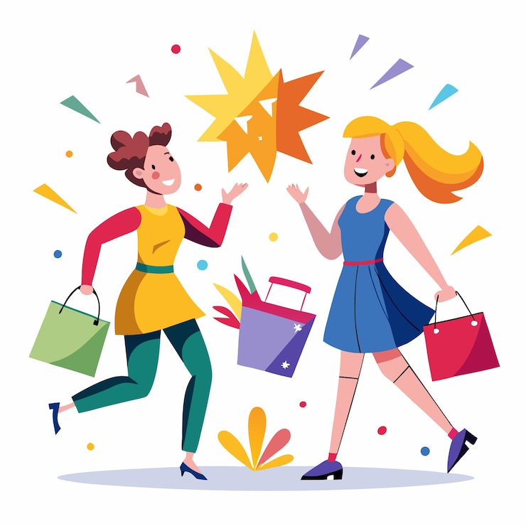 Vector dos mujeres felices caminando con bolsas de compras celebrando una exitosa fiesta de compras