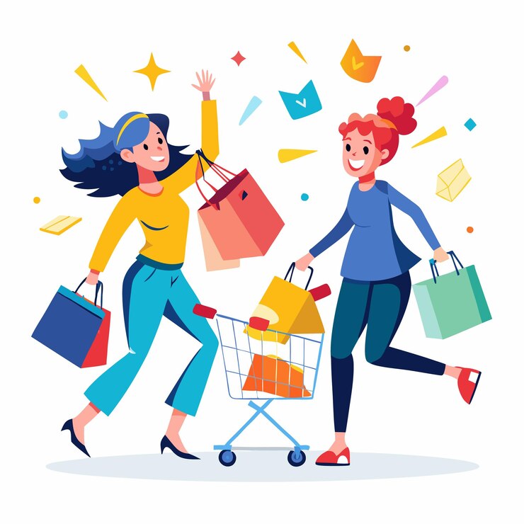 Vector dos mujeres felices caminando con bolsas de compras empujando un carrito de compras y sonriendo