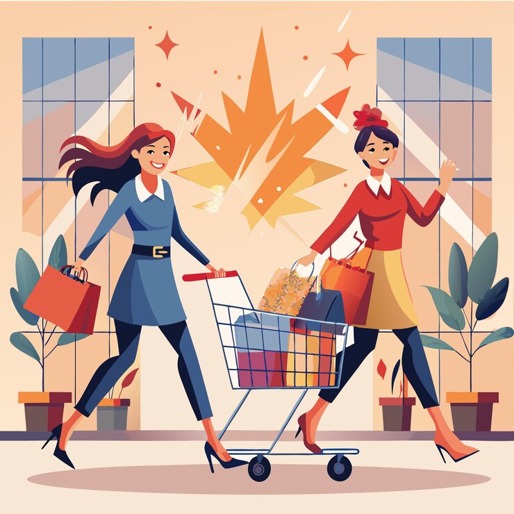 Vector dos mujeres felices caminando con un carrito de compras lleno de bolsas después de una exitosa carrera de compras