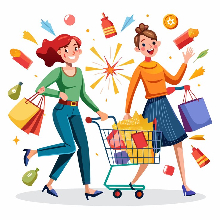 Vector dos mujeres felices comprando con bolsas y un carrito de compras lleno