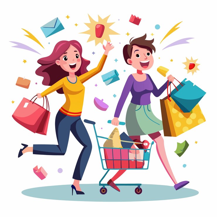 Vector dos mujeres felices comprando con bolsas y un carrito de compras