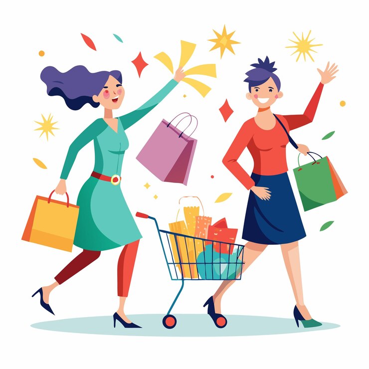 Vector dos mujeres felices comprando con bolsas de compras un carrito de compras y confeti