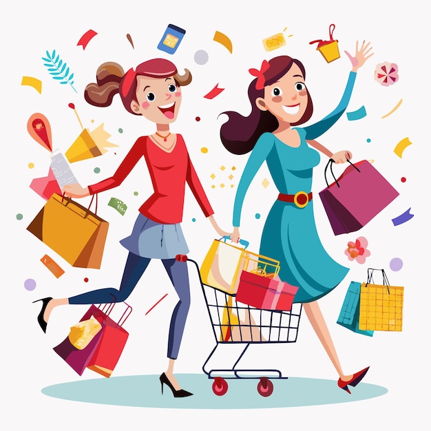 Dos mujeres felices comprando con bolsas de compras y un carrito de compras