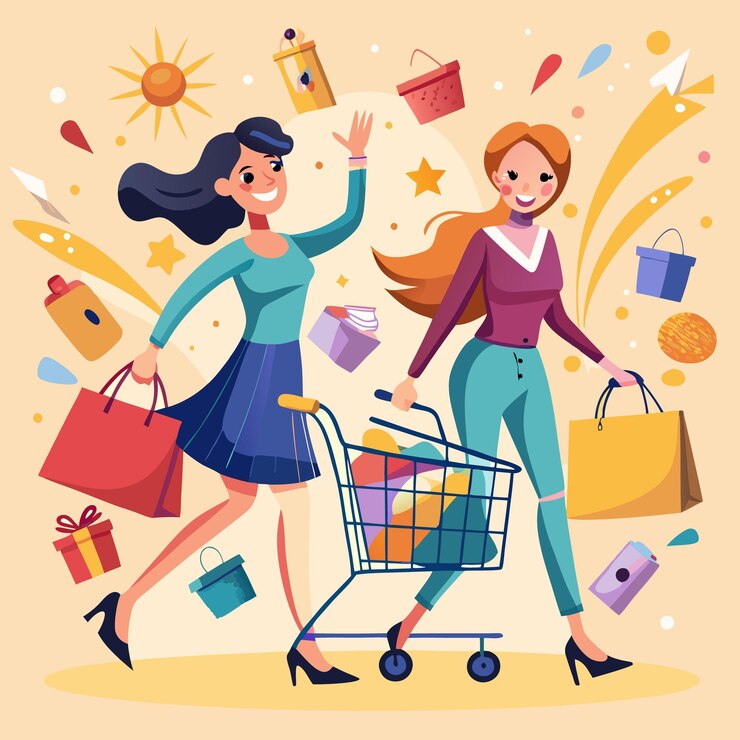 Vector dos mujeres felices comprando con bolsas de compras y un carrito de compras