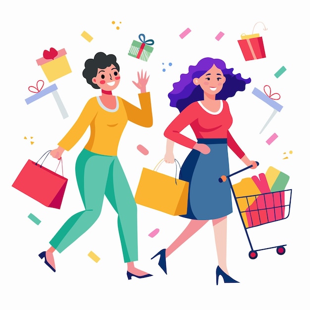 Dos mujeres felices comprando con bolsas de compras y un carrito de compras