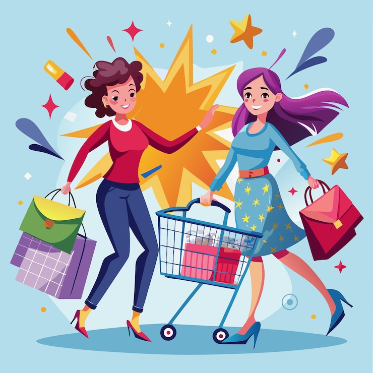 Vector dos mujeres felices comprando con bolsas de compras un carrito y un estallido de estrellas amarillo brillante detrás de ellos