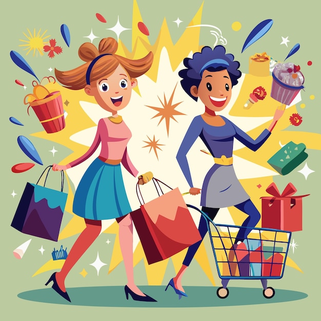 Dos mujeres felices comprando con bolsas de compras y un carrito lleno de artículos