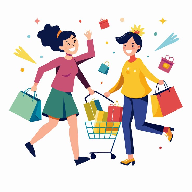 Vector dos mujeres felices comprando con bolsas de compras y un carrito lleno de regalos