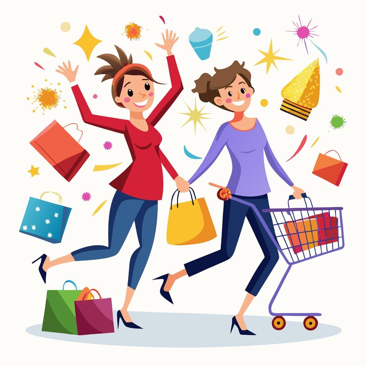 Vector dos mujeres felices comprando con bolsas de compras y un carrito