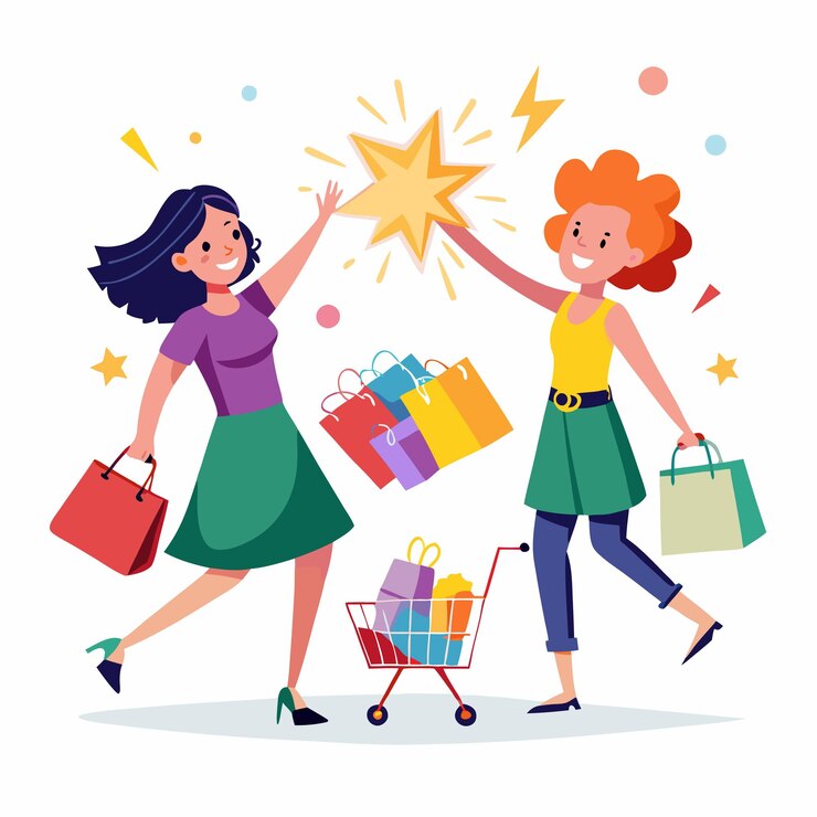 Vector dos mujeres felices comprando con bolsas de compras y un carrito