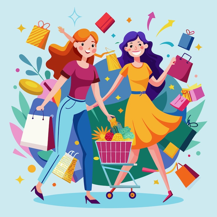 Vector dos mujeres felices comprando con bolsas de regalos y un carrito de compras lleno de comestibles