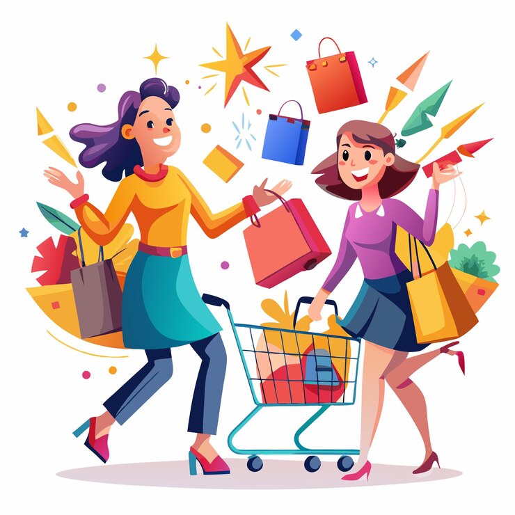 Vector dos mujeres felices comprando con un carrito de compras y bolsas