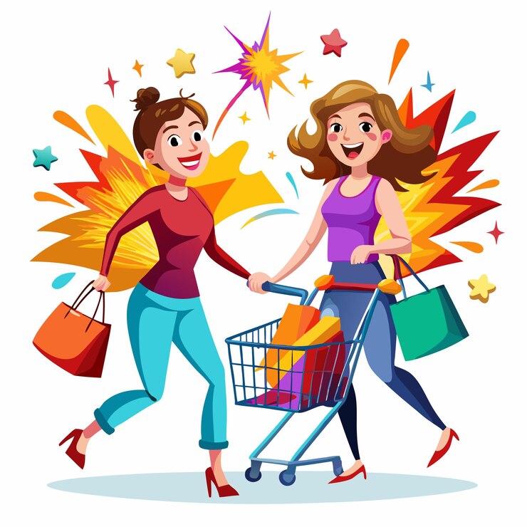 Vector dos mujeres felices comprando con un carrito de compras y bolsas