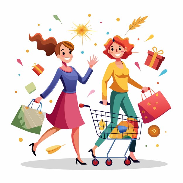 Dos mujeres felices comprando con un carrito de compras y bolsas