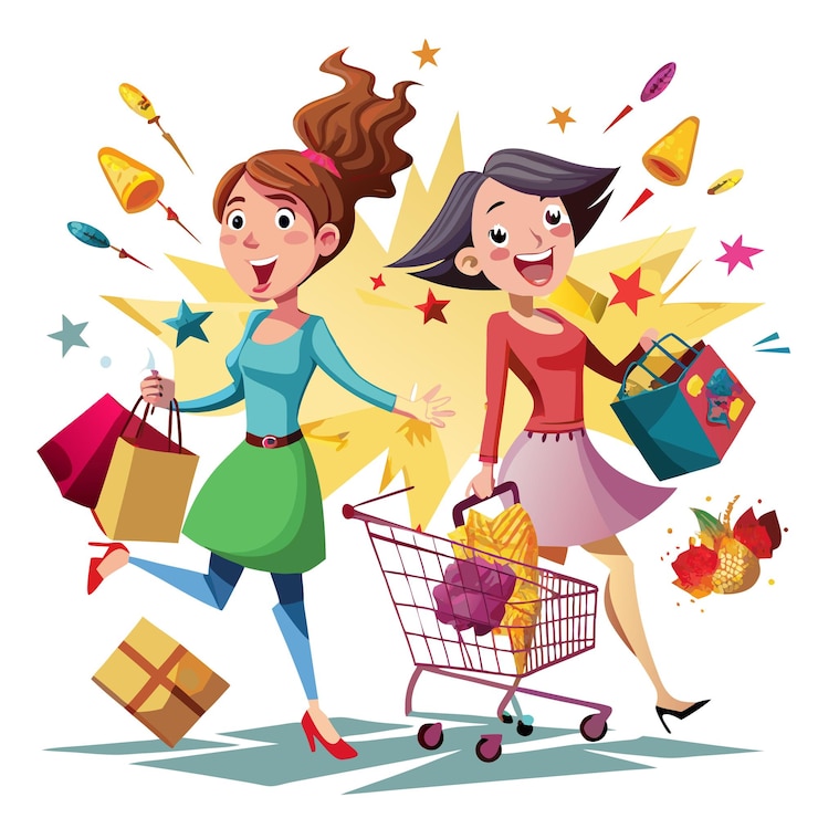 Vector dos mujeres felices comprando con un carrito de compras y bolsas