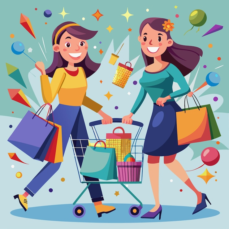 Vector dos mujeres felices comprando con un carrito de compras lleno de artículos