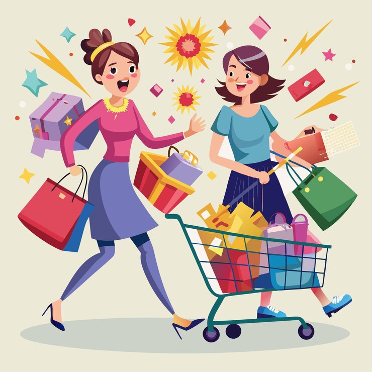 Vector dos mujeres felices comprando con un carrito de compras lleno y bolsas