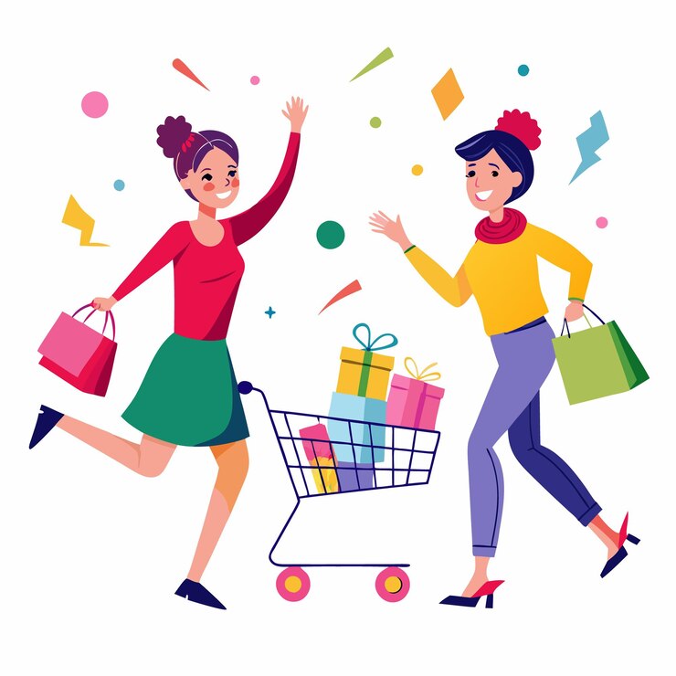 Vector dos mujeres felices comprando con un carrito de compras lleno y cajas de regalos coloridas