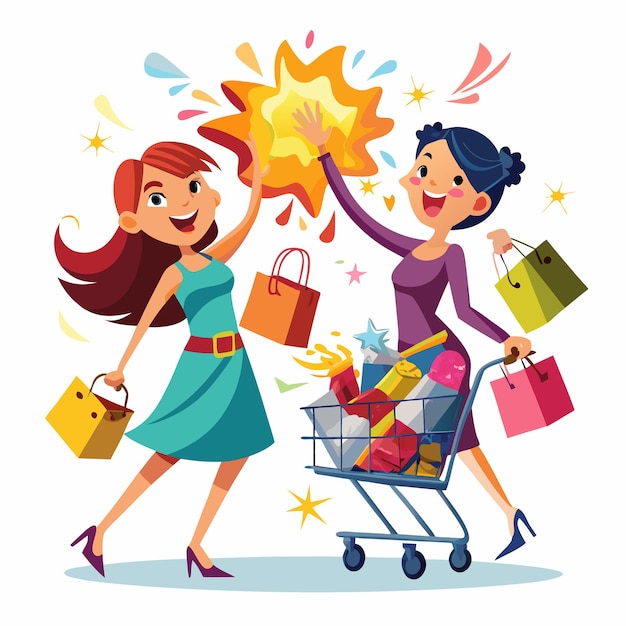 Dos mujeres felices comprando con un carrito de compras lleno de cinco altos entre sí