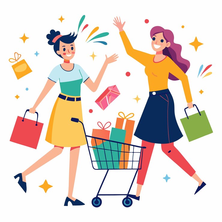 Vector dos mujeres felices comprando con un carrito de compras lleno de regalos y bolsas