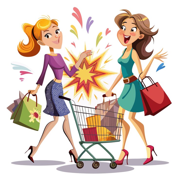 Vector dos mujeres felices comprando con un carrito de compras