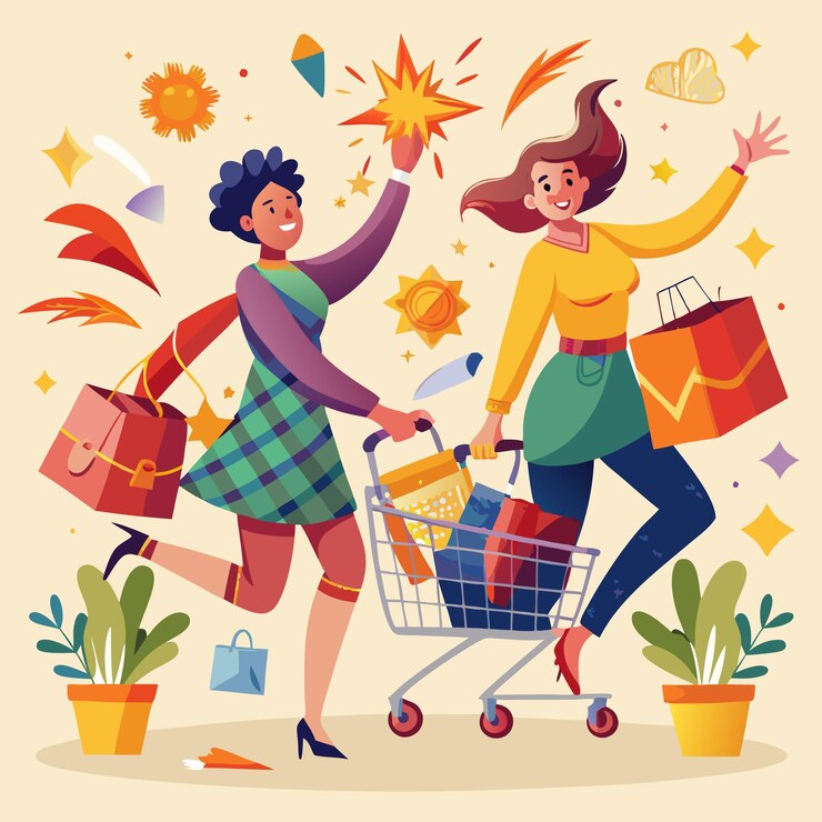 Vector dos mujeres felices comprando con un carrito lleno de compras emocionadas y alegres celebrando sus compras