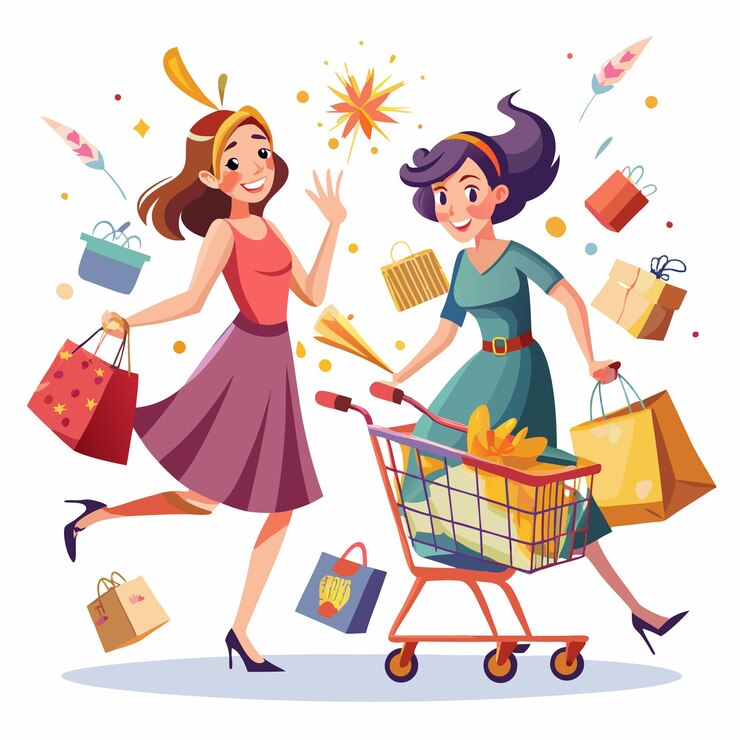 Vector dos mujeres felices comprando una corriendo con bolsas y otra montando un carrito de compras