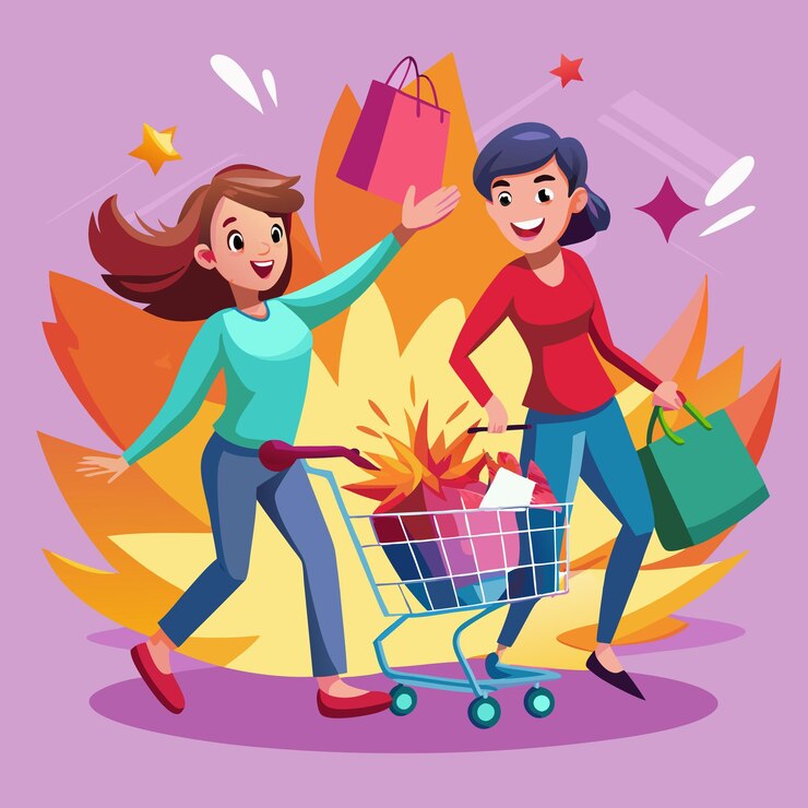 Vector dos mujeres felices comprando una empujando un carrito de compras con una explosión de confeti mientras la otra sostiene una bolsa de compras