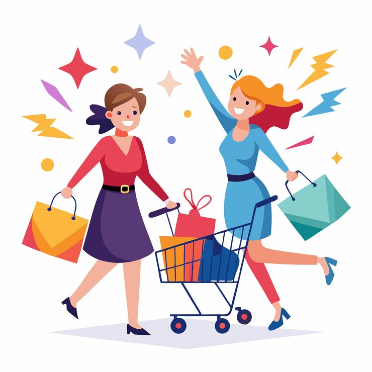 Vector dos mujeres felices comprando una empujando un carrito de compras lleno y la otra sosteniendo una bolsa