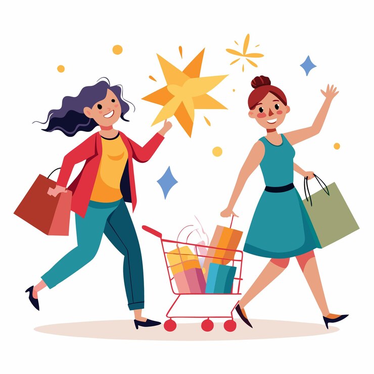 Vector dos mujeres felices comprando una empujando un carrito de compras lleno la otra sosteniendo bolsas de compras y una estrella
