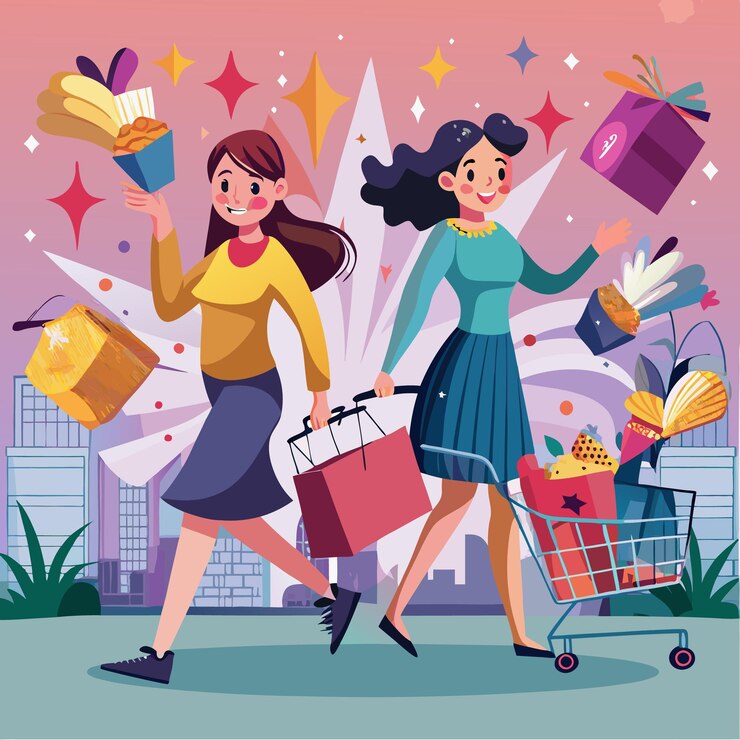 Vector dos mujeres felices comprando juntas con bolsas de compras llenas una mujer empujando un carrito de compras lleno de regalos