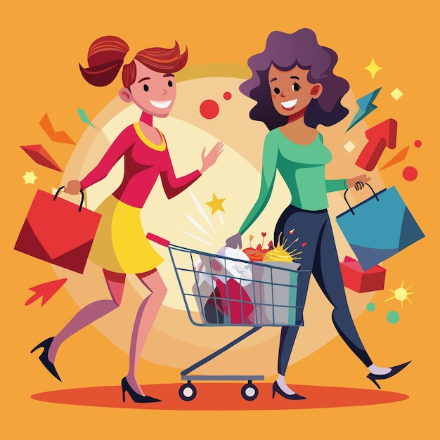 Dos mujeres felices comprando juntas con un carrito de compras lleno de bolsas y productos