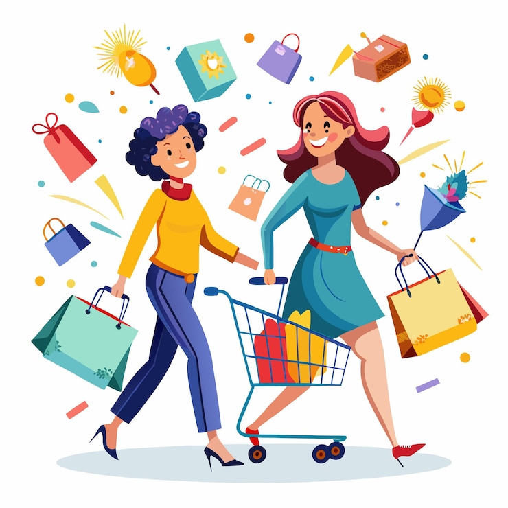 Vector dos mujeres felices comprando juntas una empujando un carrito de compras con bolsas dentro y la otra llevando una bolsa de compras