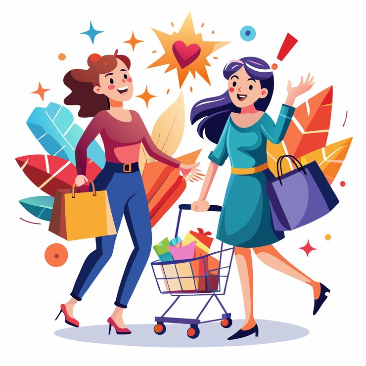 Vector dos mujeres felices comprando juntas empujando un carrito de compras lleno de bolsas y regalos están emocionadas y sonriendo