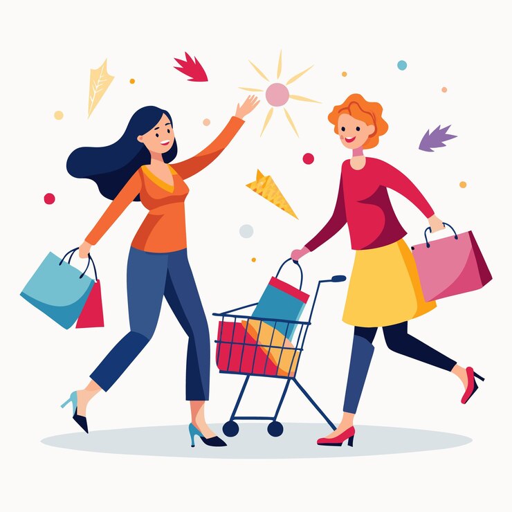 Vector dos mujeres felices comprando juntas una llevando bolsas la otra empujando un carrito con bolsas dentro