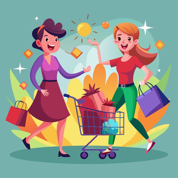 Vector dos mujeres felices comprando juntas una sosteniendo bolsas de compras y la otra empujando un carrito de compras lleno de regalos contra un fondo colorido
