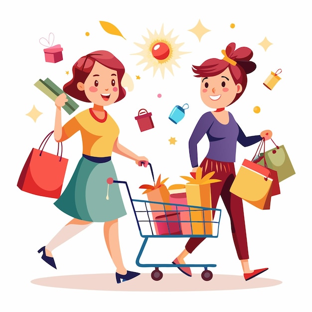 Dos mujeres felices comprando juntos con bolsas de compras regalos y un carrito de compras