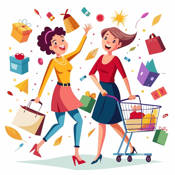 Vector dos mujeres felices comprando y llevando bolsas de compras y empujando un carrito de compras