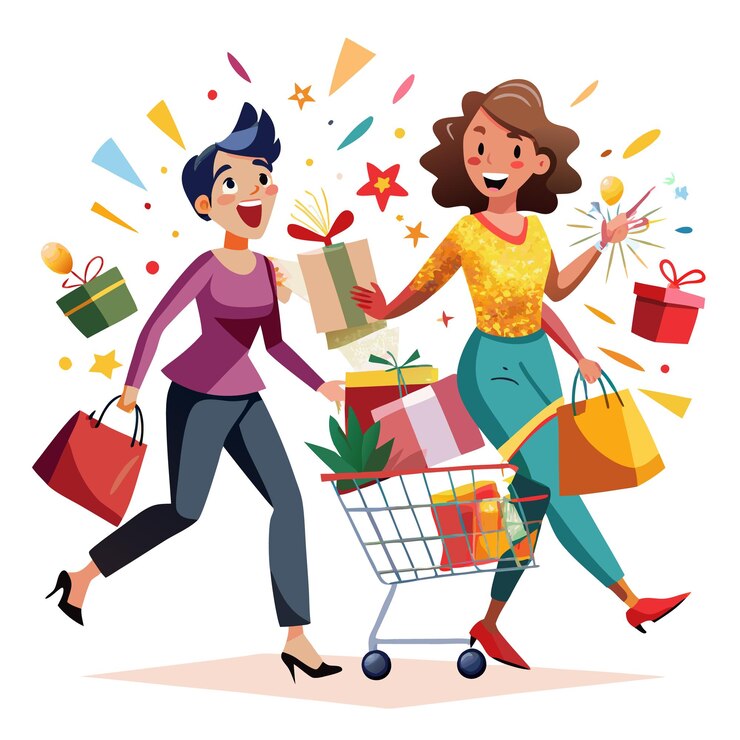 Vector dos mujeres felices comprando con regalos y bolsas de compras una empujando un carrito de compras