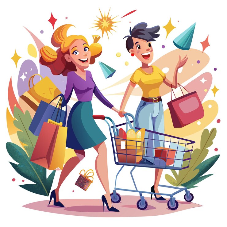 Vector dos mujeres felices empujando un carrito de compras lleno de bolsas de compras con confeti cayendo a su alrededor