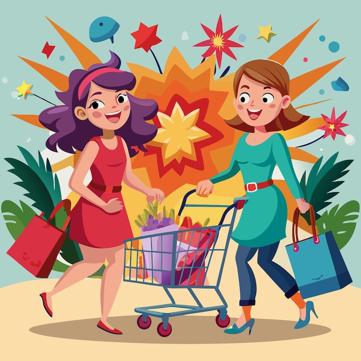 Vector dos mujeres felices empujando un carrito de compras lleno de comestibles mientras sostienen bolsas de compras