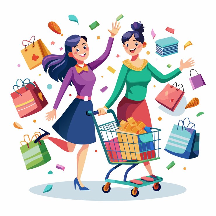 Vector dos mujeres felices empujando un carrito de compras lleno y lanzando bolsas de compras en el aire mientras compran